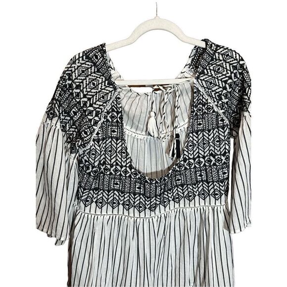 Free People Women's Boho Mini Lola Striped Dress White Black Tiered Embroidered - Picture 7 of 12